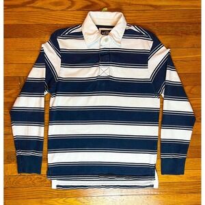 Old Navy Men S Polo Shirt Blue Stripe Long Sleeve Rugby Preppy 100% Cotton Heavy